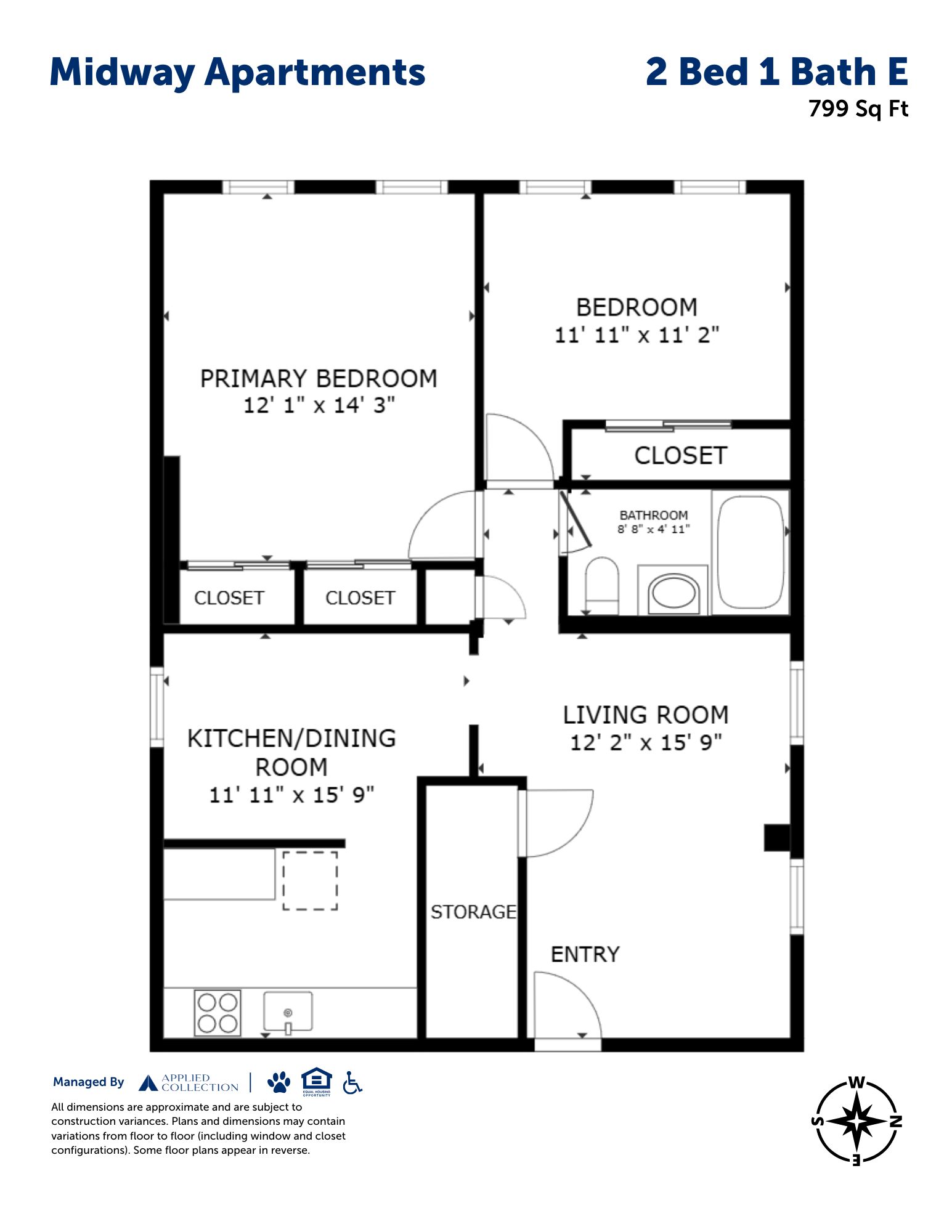 Floor plan for 2 beds, 1 bath, 799 sqft